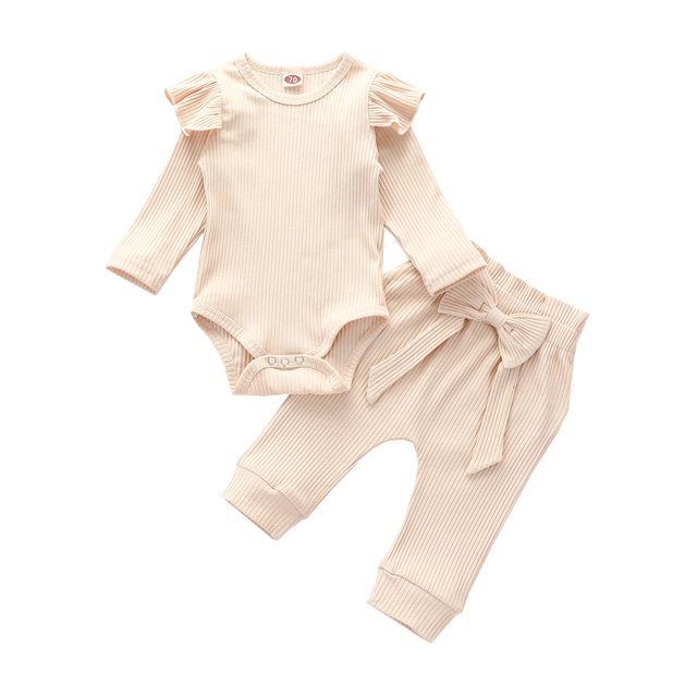 Xingqing Newborn Infant Baby Girl Fall Clothes Knitted Ruffle Long Sleeve Romper Bodysuit Bow Pants 2Pcs Outfits