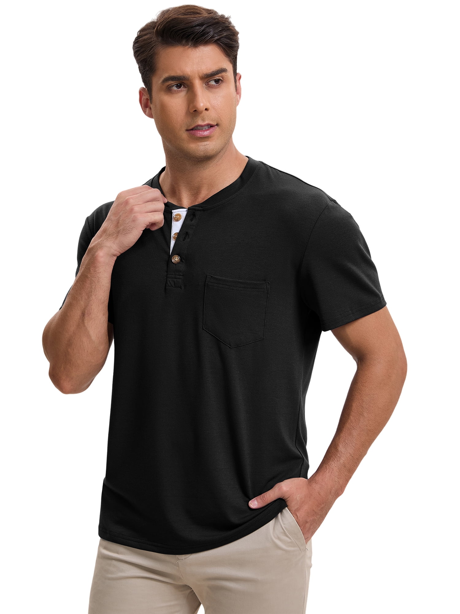 DARING DIVA Men's Casual Summer Short Sleeves Button Henley Basic Tee S Black