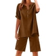 thumbnail image 5 of WULMLEO Women Linen Set 2 Piece Summer Outfits Plus Size Short Sleeve Shirt and Bermuda Shorts Lounge Set Casual Matching Set Brown S, 5 of 7