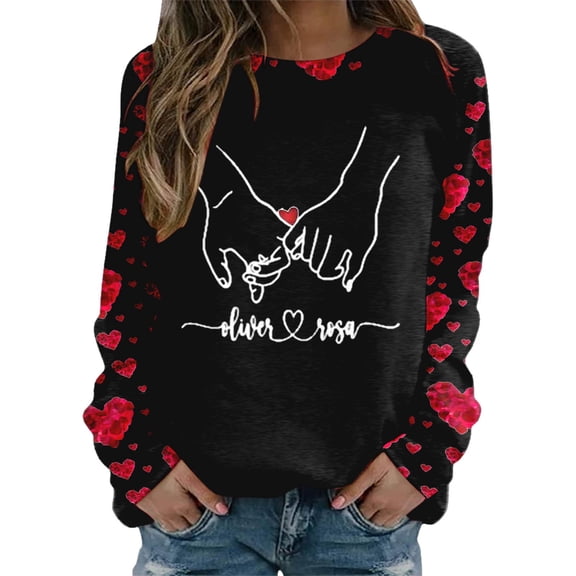 Valentines Shirt for Women Cute Candy Couple Love Heart Print Crewneck Long Sleeve Sweatshirts Valentine's Day Gifts Loverr Loose Fit Tops Outfit Clothes