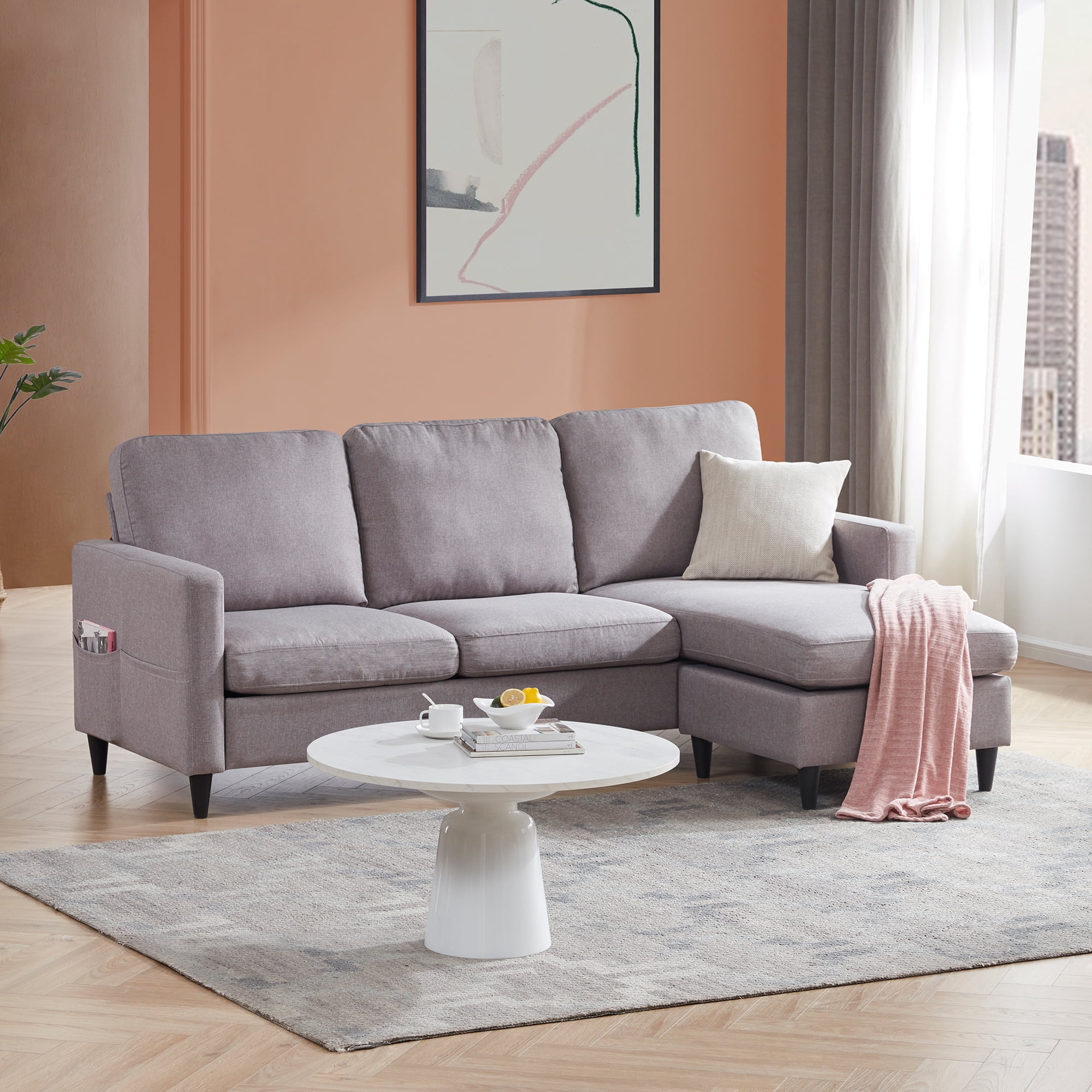 Sectional Sofa with Pull Out Bed, Solid Wood&Grey Velvet Upholstered 2