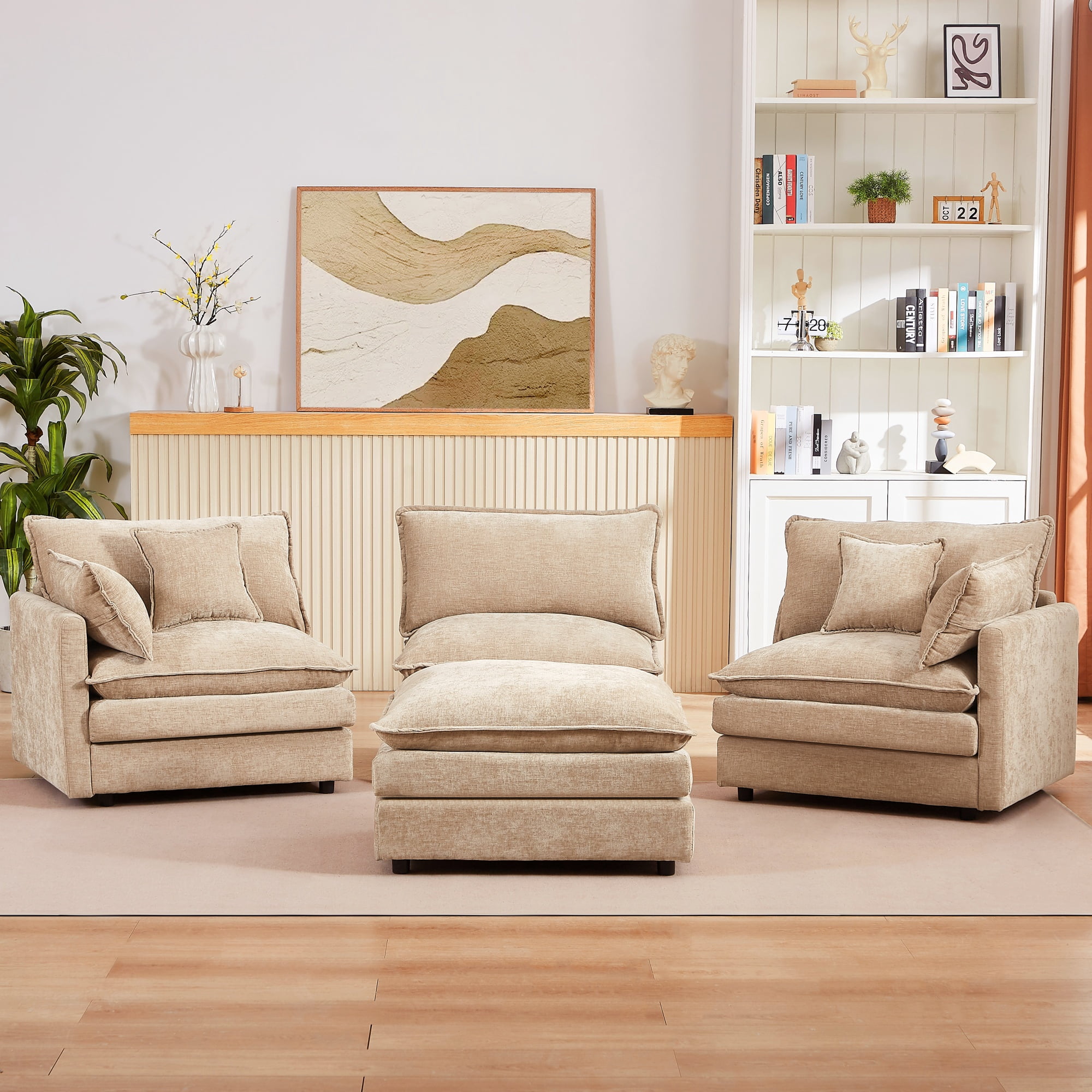 BINBANK Sectional Modular Sofa L Shaped Chenille Fabric Couch with High Supportive & Soft Sponges and Removable Ottoman, Sleeper Comfy Upholstered Furniture for Living Room,3-Seater,Coffee