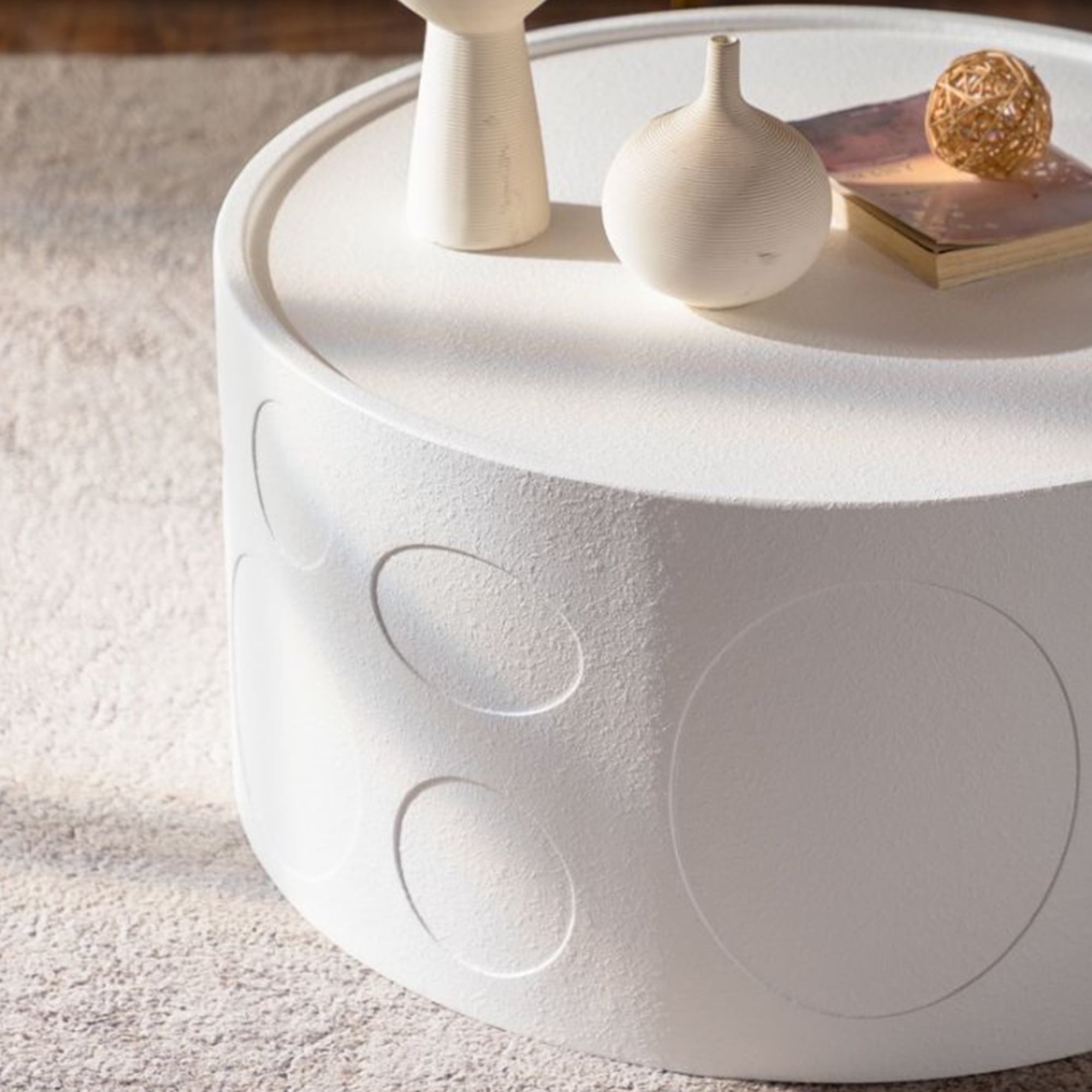 Leumius Round Coffee Table Handcrafted Relief Sturdy Pedestal Wooden Side Table for Living Room No Need Assembly White 1