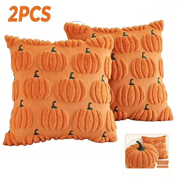 Fall Pillow Covers,20"x20"Set of 2 Fall Orange Pumpkin Pillow Cases,Soft Faux Fur Wool Couch Cushion for Sofa Bedroom Living Room Home Farmhouse Fall Halloween Thanksgiving Decor