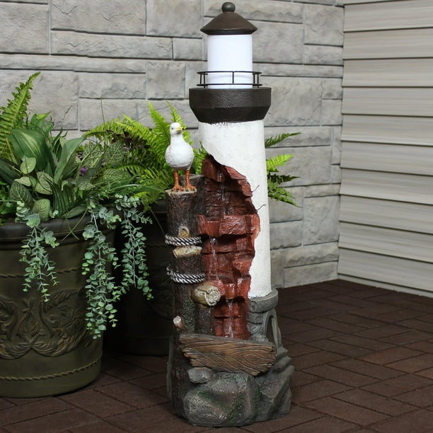 Sunnydaze Gull's Cove Outdoor Lighthouse Water Fountain with LED Light