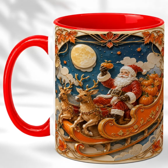 Pumpkin Santa Sleigh Coffee Mug, Autumn Christmas Mug, Ceramic 11 oz