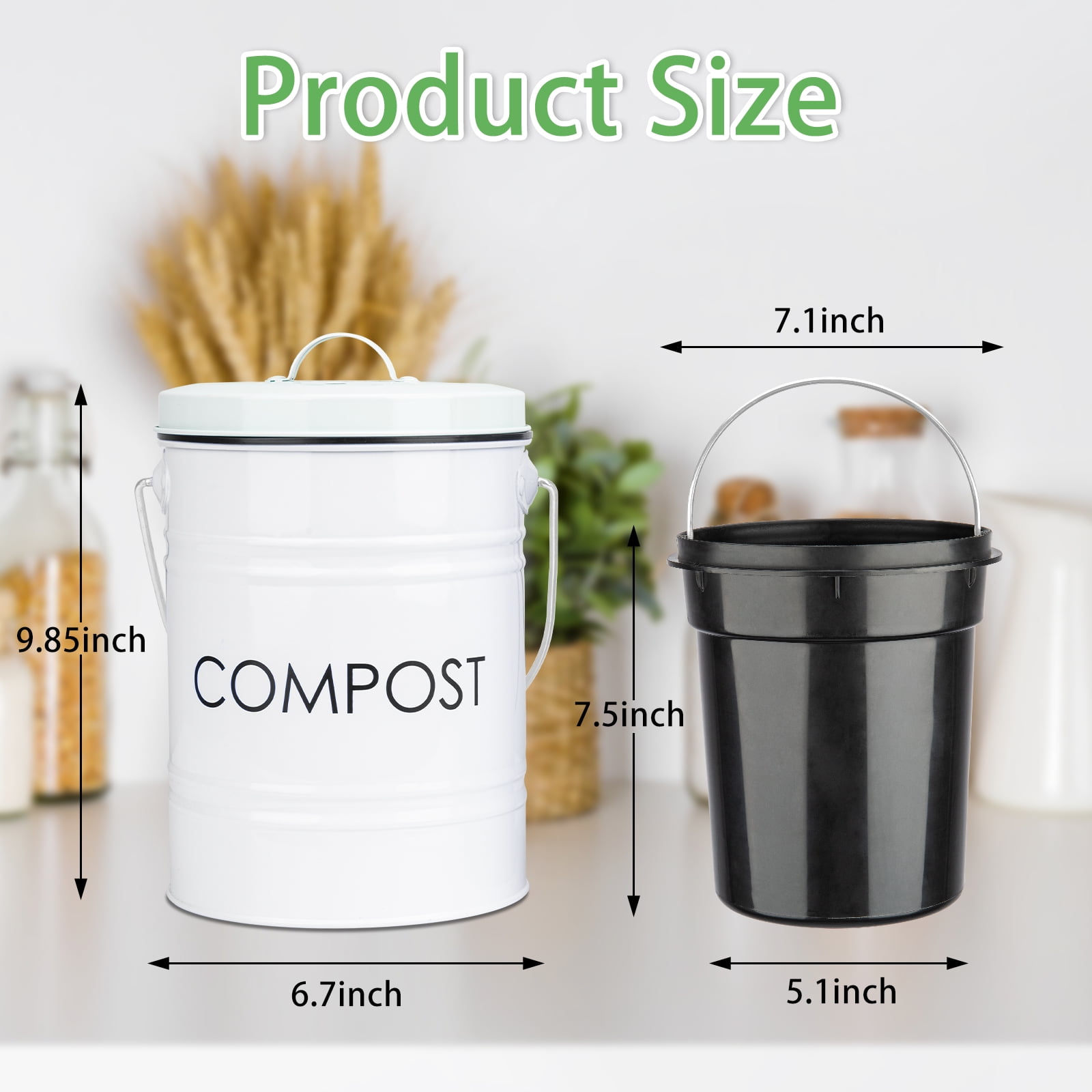Vipush Compost Bin Kitchen Countertop Compost Bin with lid, Small Compost Bin Includes Inner Compost Bucket Liner & Charcoal Filter, White