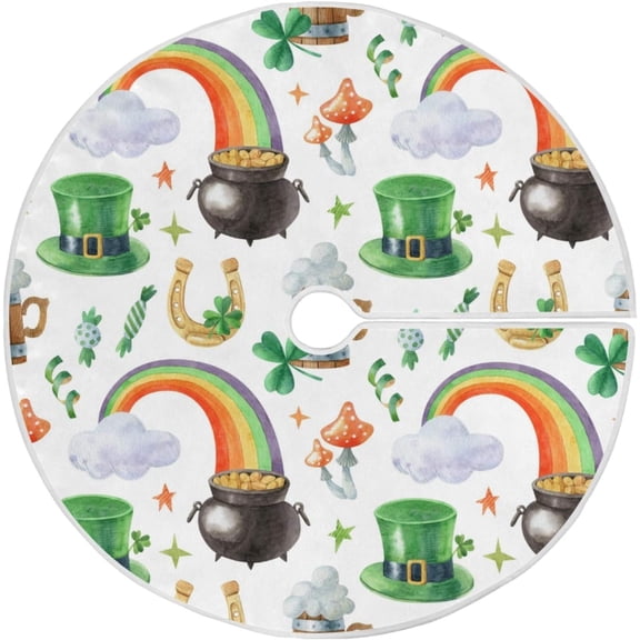 35.4" St. Patrick''s Day Christmas Tree Skirt,Shamrock Green Clover Leaves Leprechaun Hat Horseshoes Beer Rainbow Candy Suede Xmas Tree Skir Suitable for St. Patrick''s Day Holiday Party Decorat