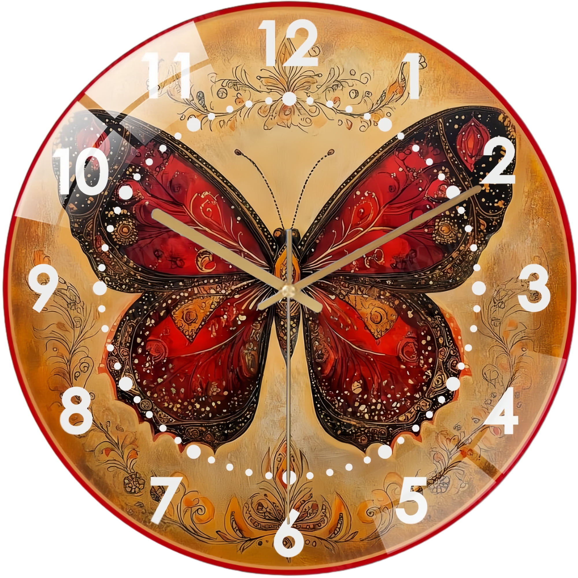 Decorative Clocks: Vintage Butterfly Art Glass Wall Clock, Red Butterfly Distressed Butterfly Decor Wall Clock for Homes, Bars, Offices, Man Caves, Garages, And Living Rooms .Also Makes A Great