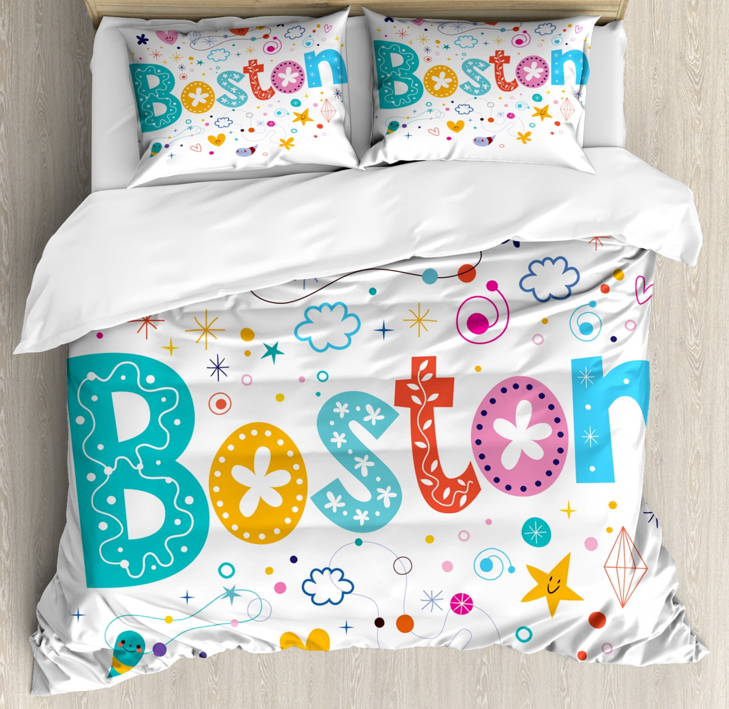 Boston Queen Size Duvet Cover Set, Doodle Hand Drawn Icons of Stars