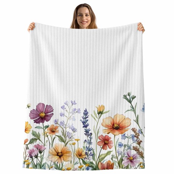 Spring Floral Throw Blanket, Flannel Fleece Blanket with Striped Design for Couch, Colorful Botanical Summer Blooming Soft Breathable All Season Plush Blankets for Sofa Office Bed 50"x60"