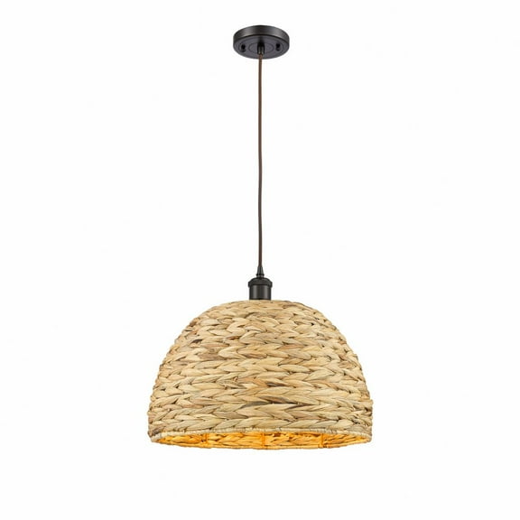 Innovations Lighting Woven Rattan - 1 Light 16" Cord Hung Pendant Natural Rattan/Oiled Brass