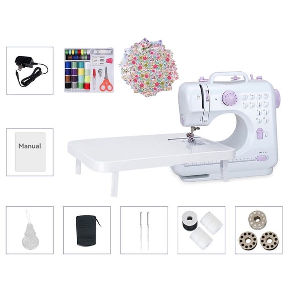 12 Needle Electric Sewing Machine Mini Household Double Line Sewing Machine, Including 42 Sewing Kits And 25pcs Cotton Fabric, Portable Beginner 505A Portable Electric Sewing Machine（Purple）