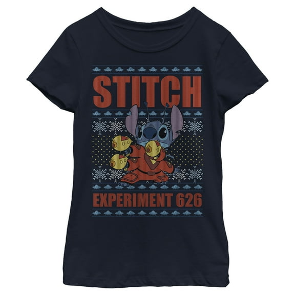 Girl's Lilo & Stitch Experiment 626 Ugly Sweater Graphic Tee Navy Blue Small