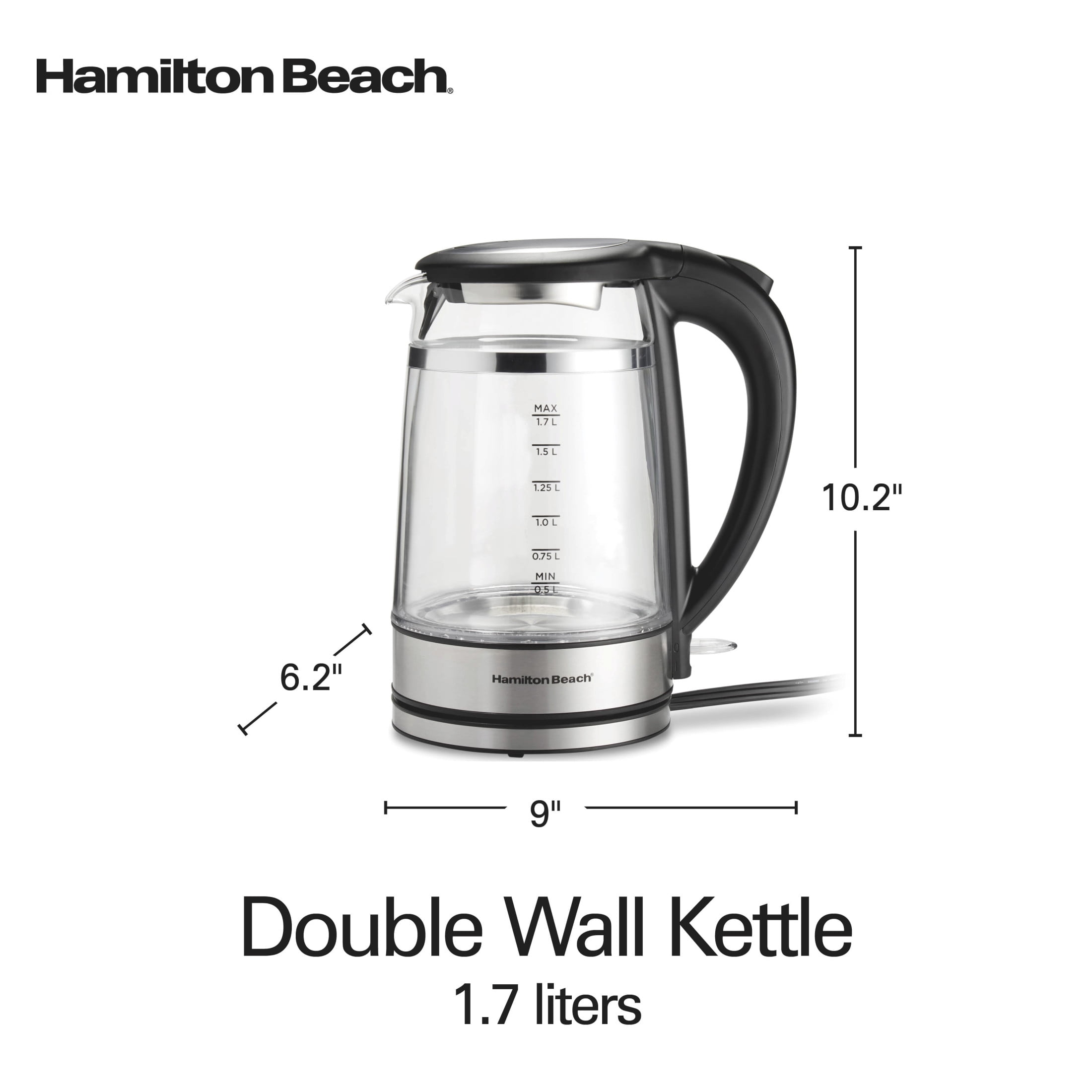 Hamilton Beach Double Wall Electric Kettle, Tea & Water Kettle with LED Lights & Auto-Shutoff, 1.7L