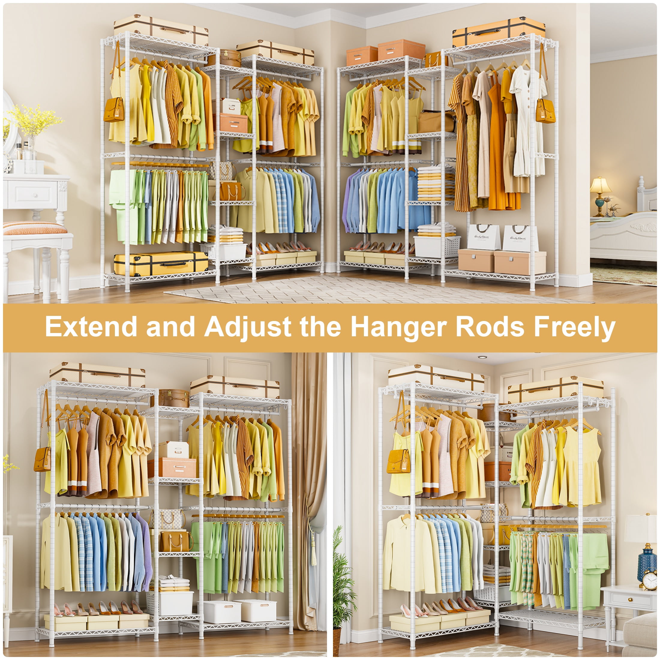 Ulif E4 Wire Garment Rack, Metal Freestanding Closet Organizer and Storage System, Heavy Duty Clothing Wardrobe with 8 Shelves and 4 Hanger Rods, Max Load 920 LBS, 70.9" W x 14.6" D x 79.3" H, Black