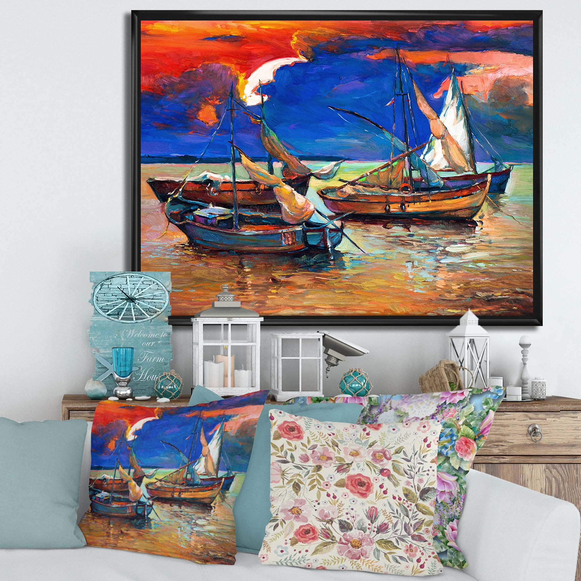 Designart 'Boats On The Water With Dark Blue Sky I' Lake House Framed Canvas Wall Art Print