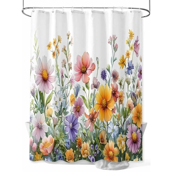 Fsddascl Spring Floral Shower Curtain Set - 48" x 72" Washable Bathtub Curtain with 12 Hooks, Yellow Pink Flowers Pastoral Watercolor Waterproof Fabric Stall Shower Curtains for Bathroom/Bathtub