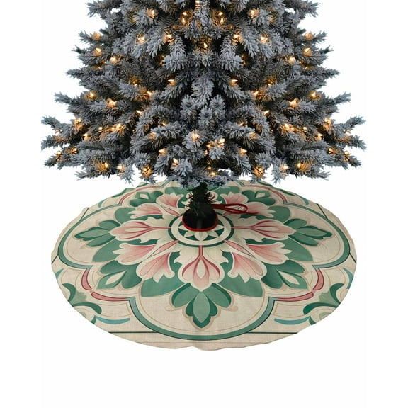 Pink Green Flower Christmas Tree Skirt 36 Inches Large Christmas Skirt Tree, Elegant Spring Floral Abstract Art Tree Skirt Christmas Decorations for Fireplace Party Holidays Indoor Outdoor