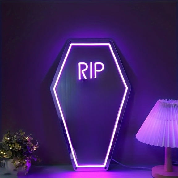 Halloween Square Mirror With Neon Lights,Coffin Mirror Sign, Party Coffin Decor,For Home Decoration USB Powered Wall Mounted Mirror Makeup Mirror Halloween Decorative Mirror