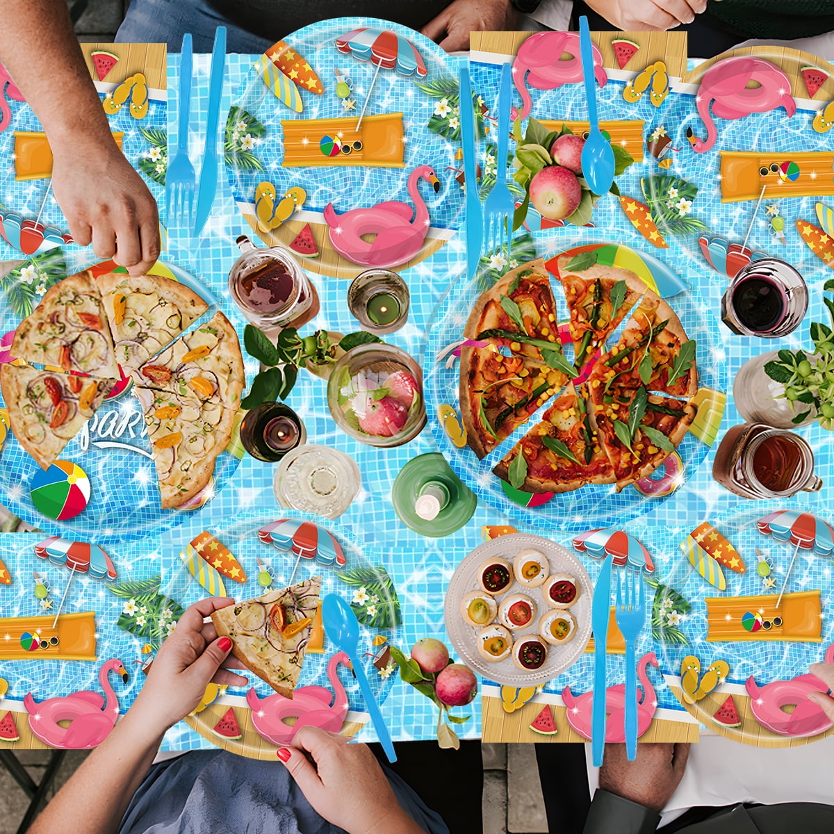 Summer Party Paper Plates Pool Party Tableware Set for Beach Hawaiian Party Favor Supplies Serve 16 Guests
