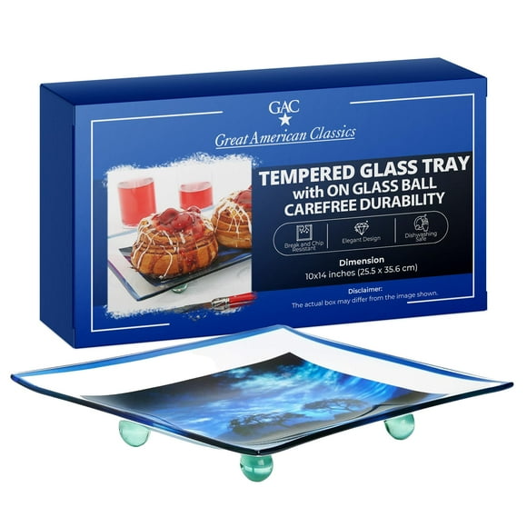 GAC Plateau de Service Rectangulaire en Verre Trempé sur Boule de Verre-10x14 Pouces Plateau Coloré Résistant aux Casses et Éclats pour Salle à Manger et Fêtes