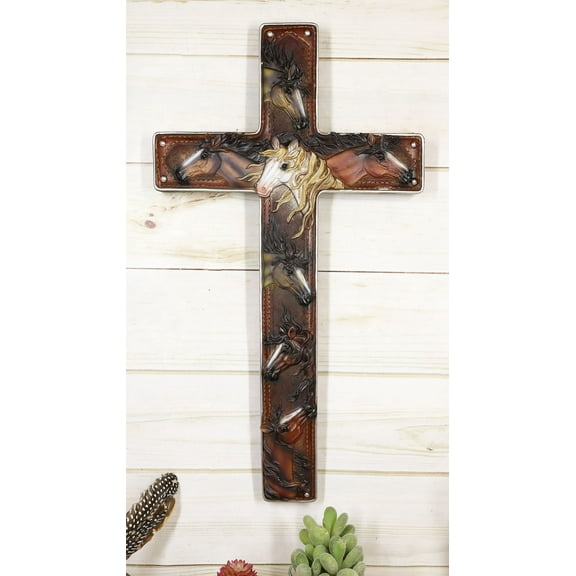 18"H Rustic Western Colorful Horses Faux Tooled Leather Wall Cross Decor Plaque