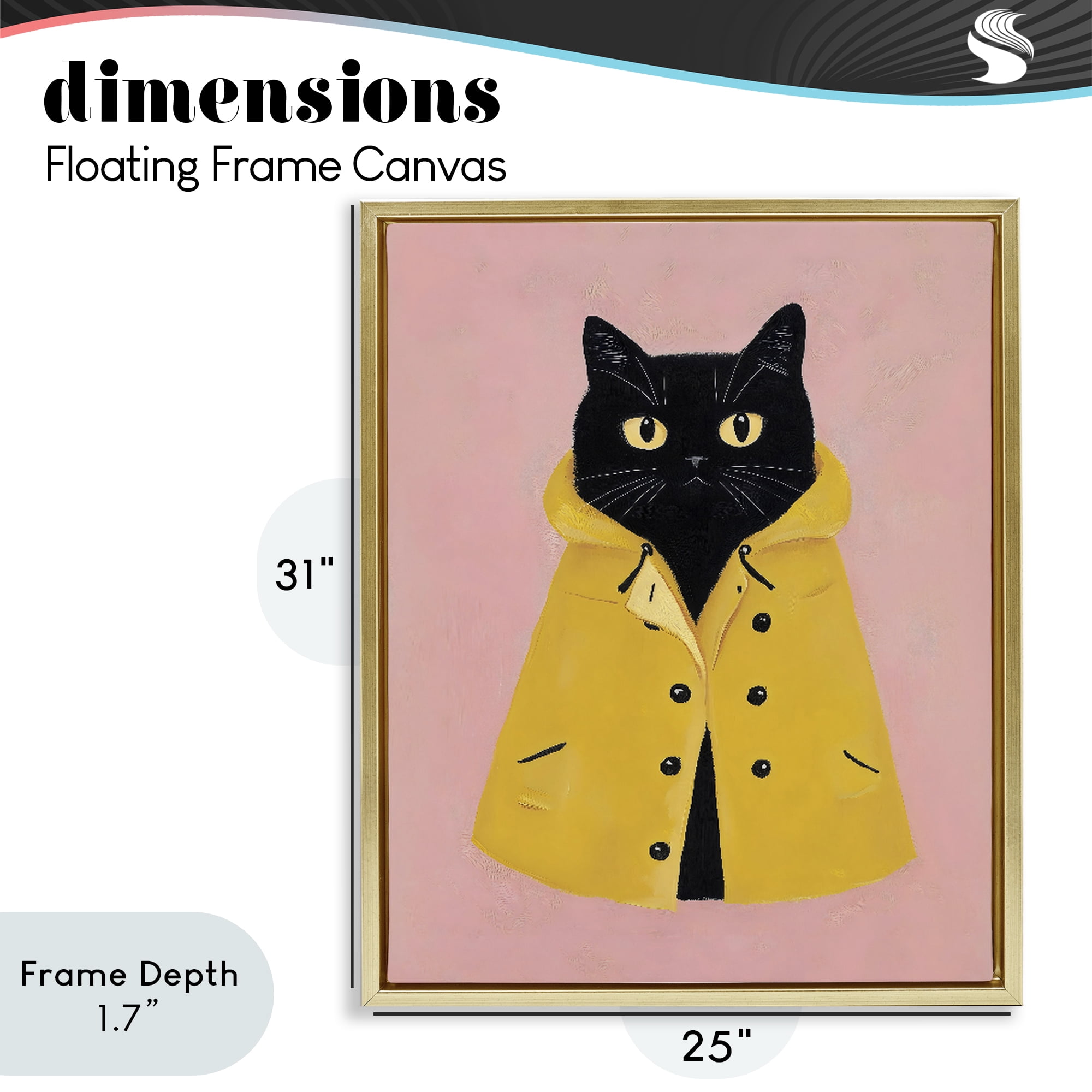 Stupell Industries Black Cat in Yellow Raincoat Gold Framed Floater Canvas Wall Art, design by The Prints Vibe