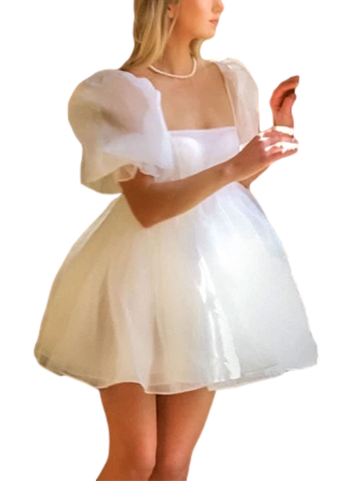 Women Retro Off Shoulder Dress Puff Sleeve Cotton Pleated Flared Princess Dress