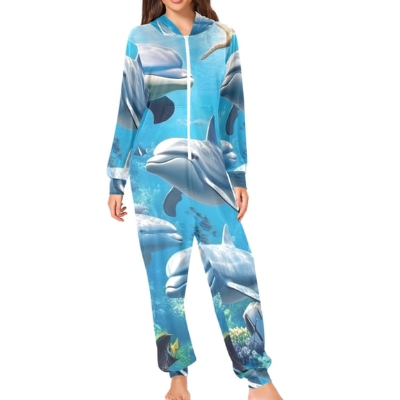 Dolphins in The Sea Adult's Hoodie Onesie Jumpsuit One-Piece Pajamas with Zipper Unisex for Holiday S
