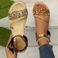 thumbnail image 3 of Rokment Women's Bling Sequin Flat Dressy Sandals Metallic Glitter Braided Leather Open Toe Ankle Strap Low Heels Comfortable Walking Summer Shoes Beach Gold Size 6.5, 3 of 5