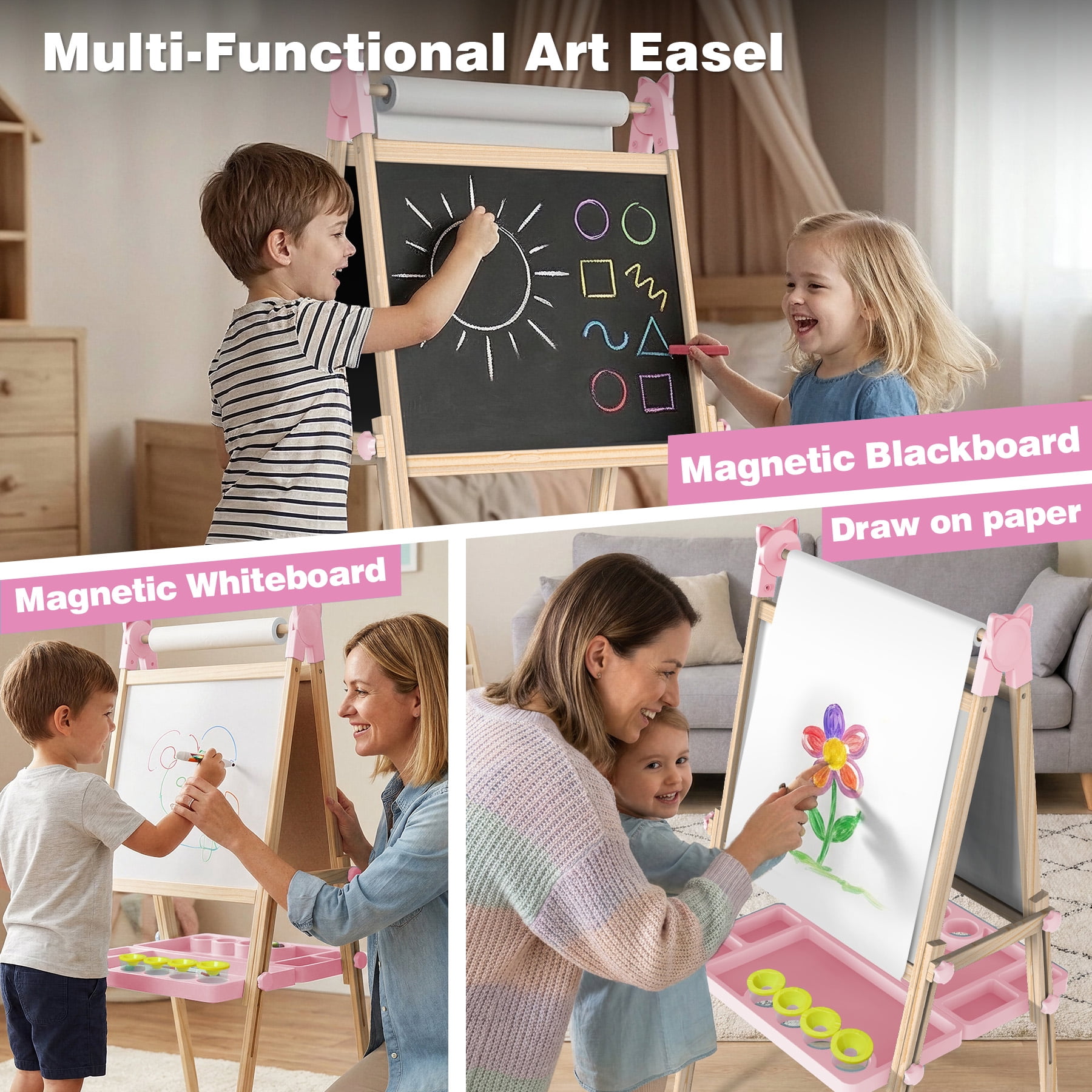 JOYOOSS Easel for Kids Ages 4-8 Easels for Toddlers Art Kids Easel Age 8-12 Wooden Drawing Easels Double-Sided Magnetic Whiteboard Chalkboard with Paper Roll for Kid Dry Erase Board P