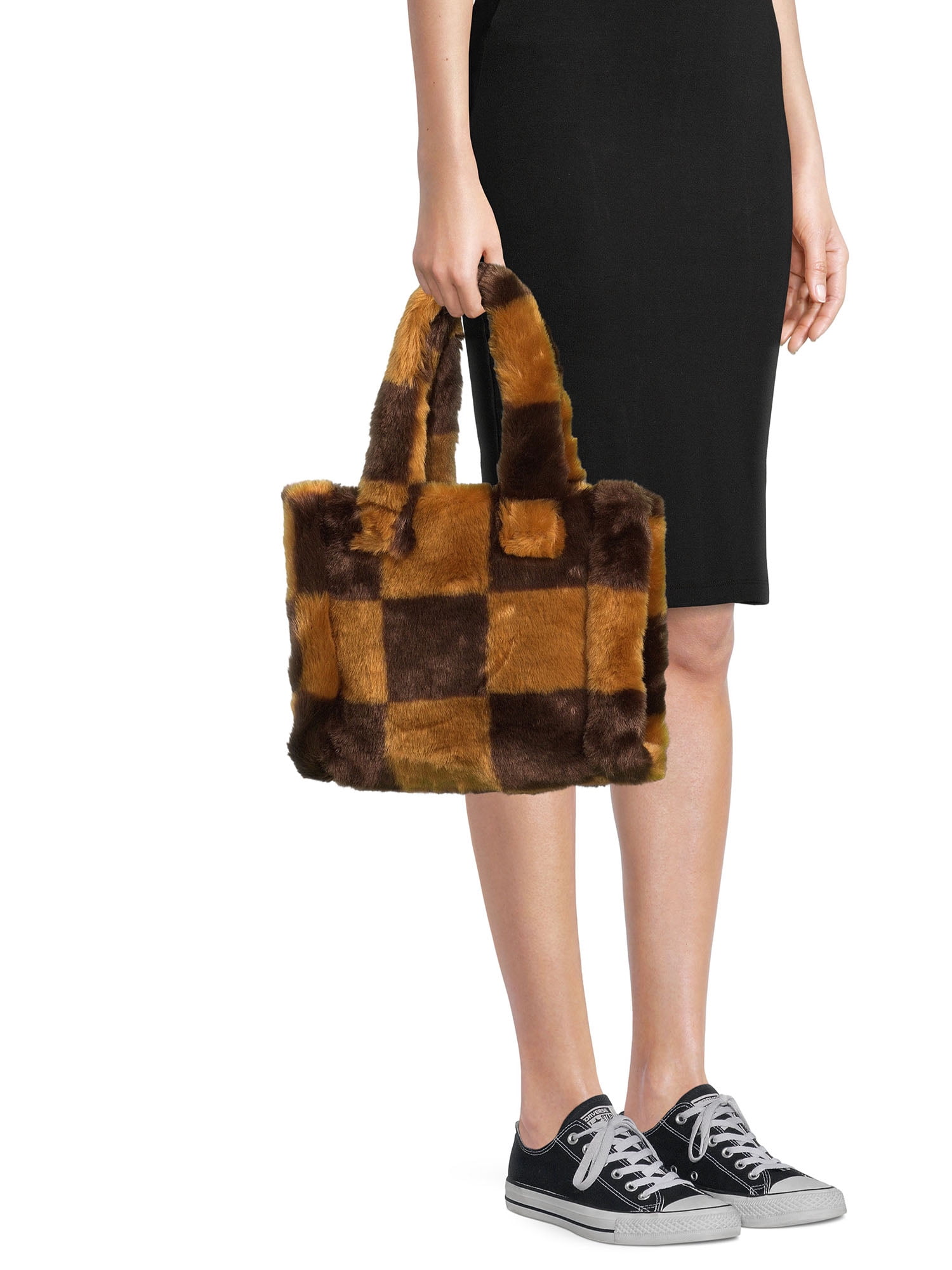 No Boundaries Women's Square Sherpa Tote Bag Brown Checker - Small