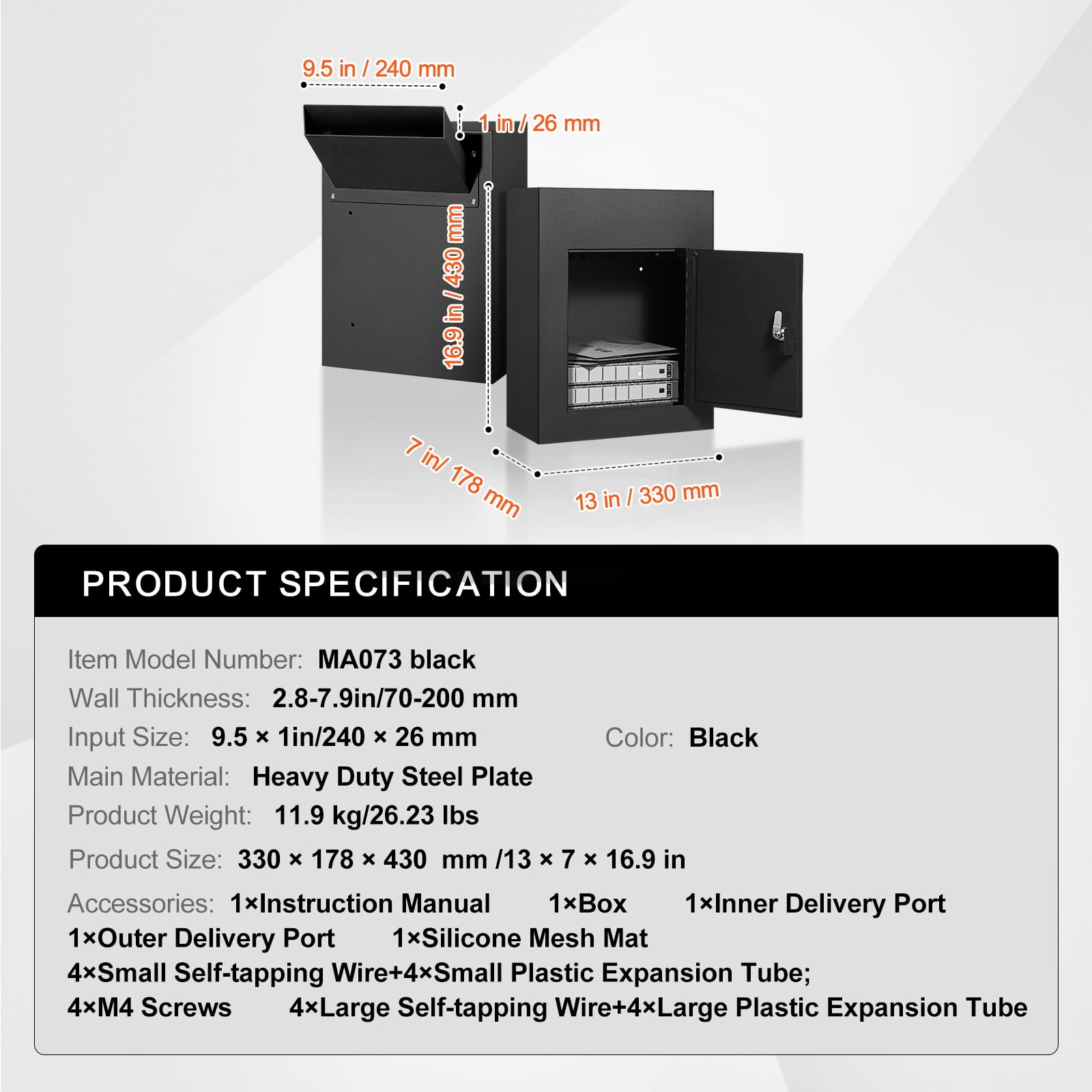 KFFKFF Secure Steel Drop Box for Wall Mounting, Adjustable Combination Lock (2.8-7.9" x 13"), Mail Deposit Box, 13x7x17 inches, Black