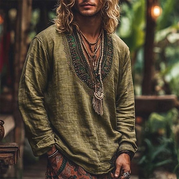 Men's Bohemian Shirt, Printed Long Sleeve V-Neck Pullover, Casual Hippie Style Top For Summer & Festival Yellow XL