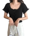 thumbnail image 1 of Chaqueta Mujer Encaje Cuello En U Abrigo Delgado Botón De Punto Camisa De Manga Corta, Negro Sweethay AP001095-03, 1 of 6