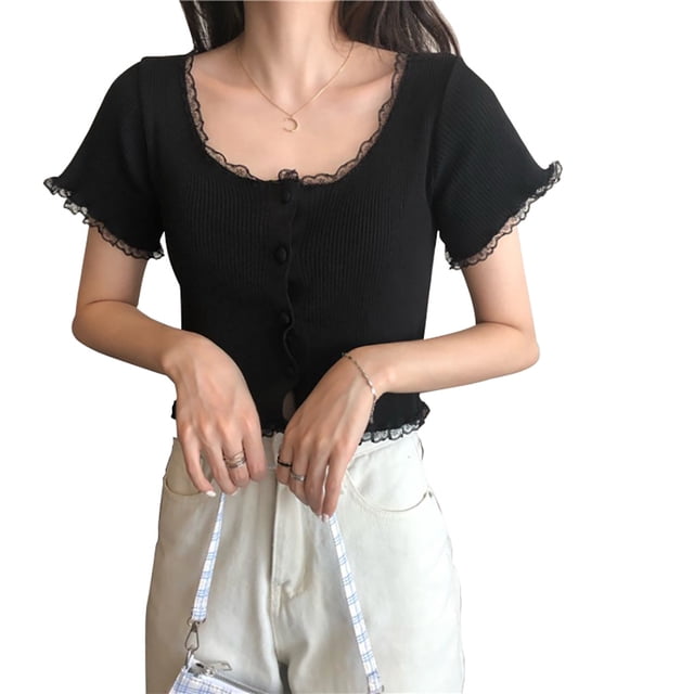 Chaqueta Mujer Encaje Cuello En U Abrigo Delgado Botón De Punto Camisa De Manga Corta, Negro Sweethay AP001095-03