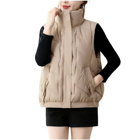 QQAMB Women Puffer Vest Sleeveless Zip Up Stand Collar Quilted Lightweight Jacket Winter Warm Puffer Padded Outerwear Khaki 2XL