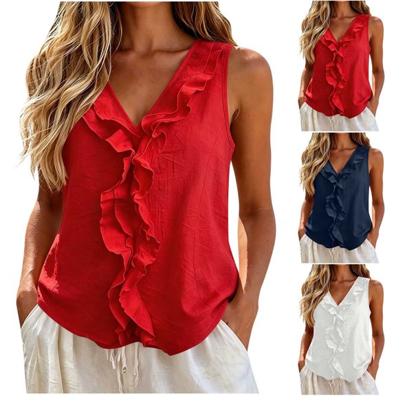 SwiftWear Women's V Neck Cute Tank Top Casual Sleeveless Loose Fit Ruffle Front Blouse Summer Top