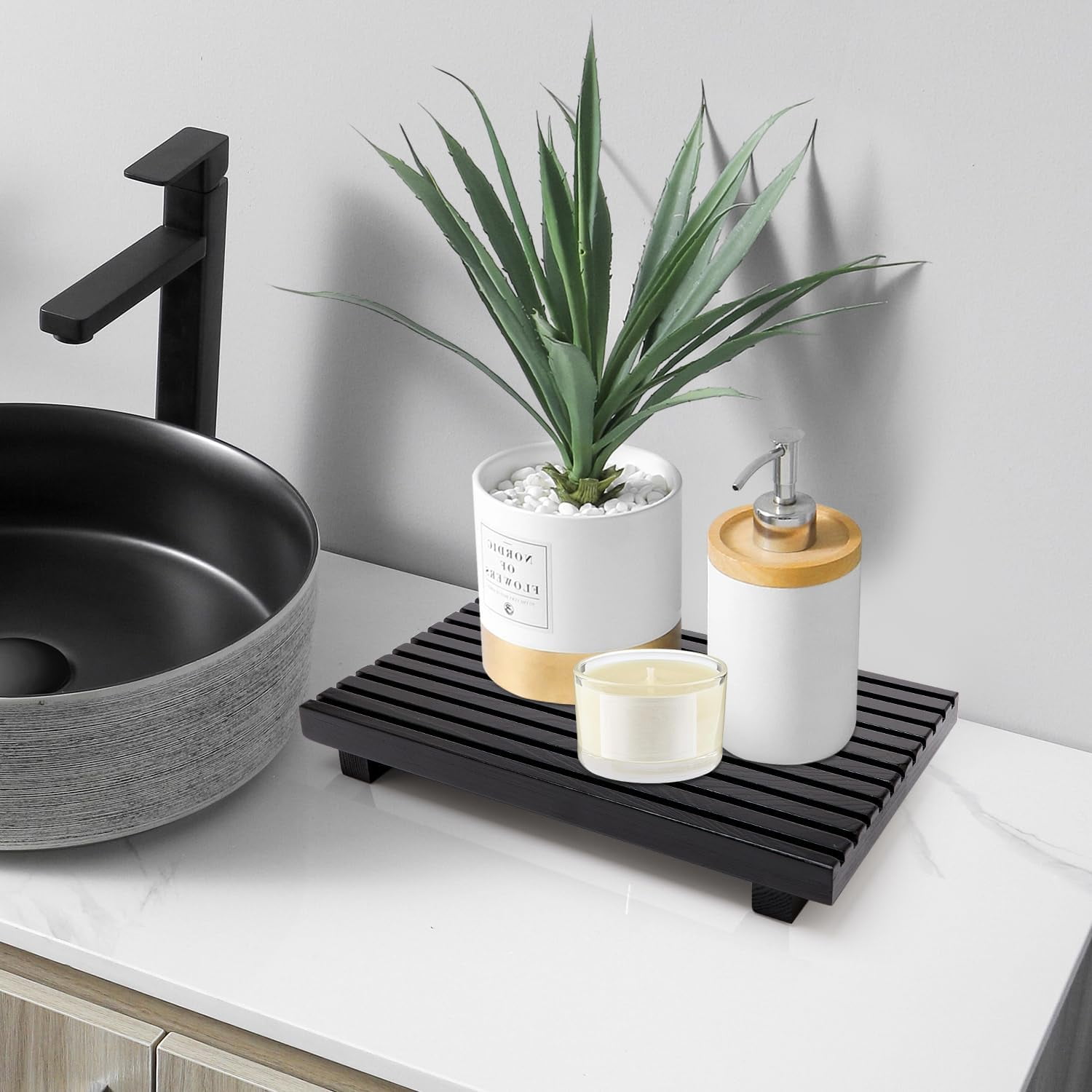 Black Wooden Bathroom Vanity Tray, Farmhouse Countertop Organizer & Riser Stand for Kitchen Sink, Soap Dispenser Holder & Home Decor