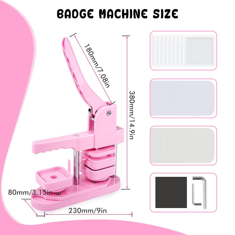 Square Badge Press Machine, Button Press Machine for 2 Inches / 50mm Square Fridge Magnetic Stickers, 100 Sets of Button Maker Supplies, Badge Maker Kit for Home School DIY Crafts, Business (Pink)
