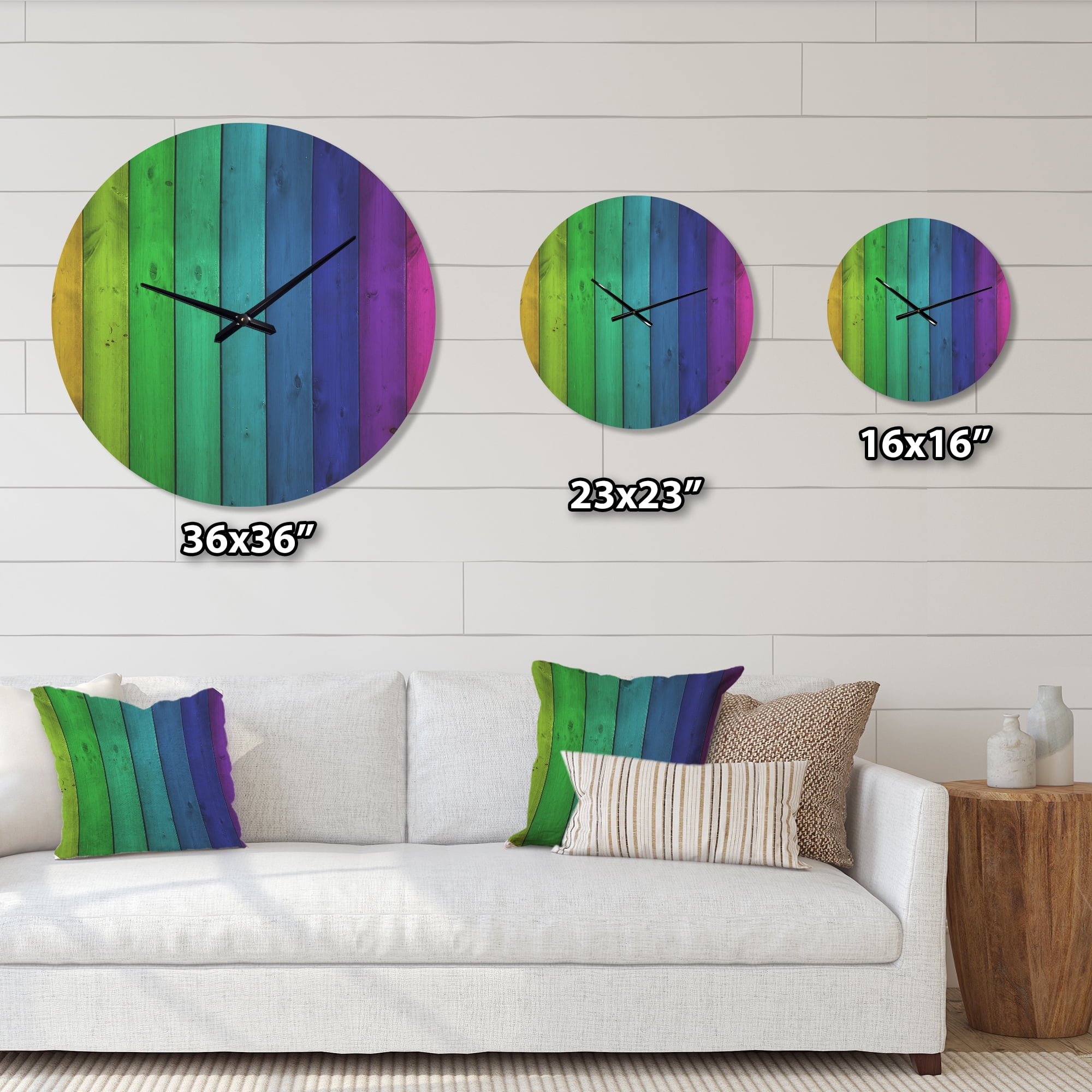Designart 'Rainbow Colors On Wooden Planks' Modern Wood Wall Clock