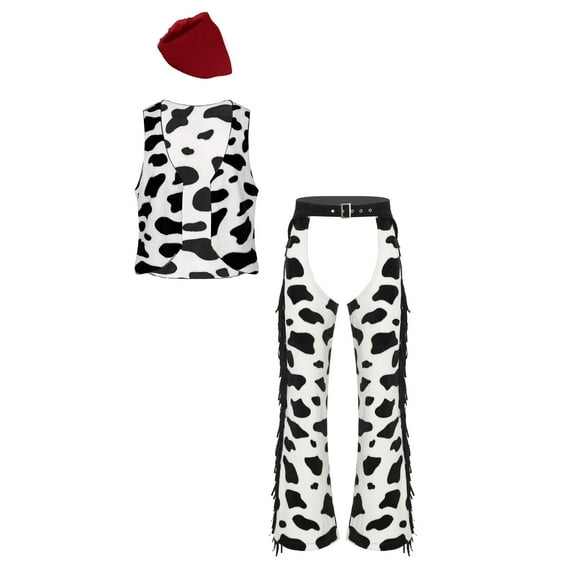 Miutii Adult Mens 3Pcs Western Cowboy Clothes Set Cow Spot Vest with Chaps and Scarf Carnival Outfits Red XL