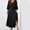 thumbnail image 5 of Women Sexy Backless Batwing 3/4 Sleeve Belted Long Dress Solid Color Side Split Flared Loose Cocktails Party Dresses Green XL, 5 of 5