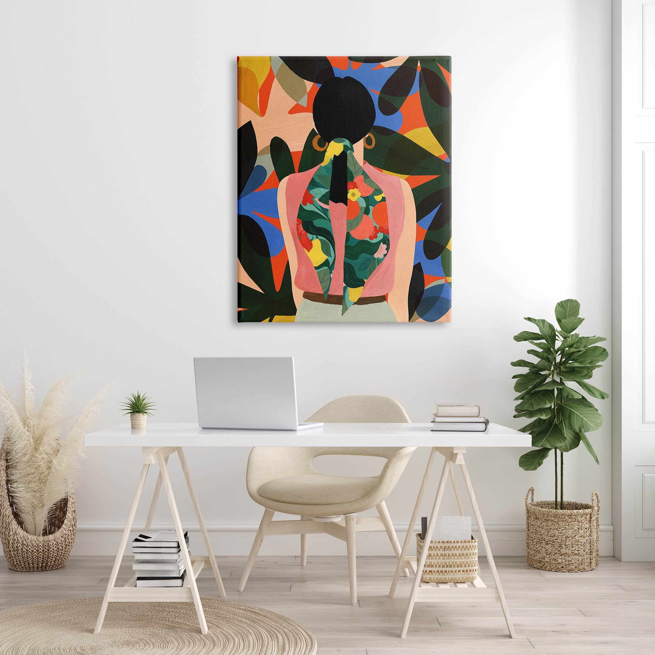Stupell Industries Contemporary Floral Patterned Girl Graphic Art Gallery Wrapped Canvas Print Wall Art, Design by Emily Kopcik