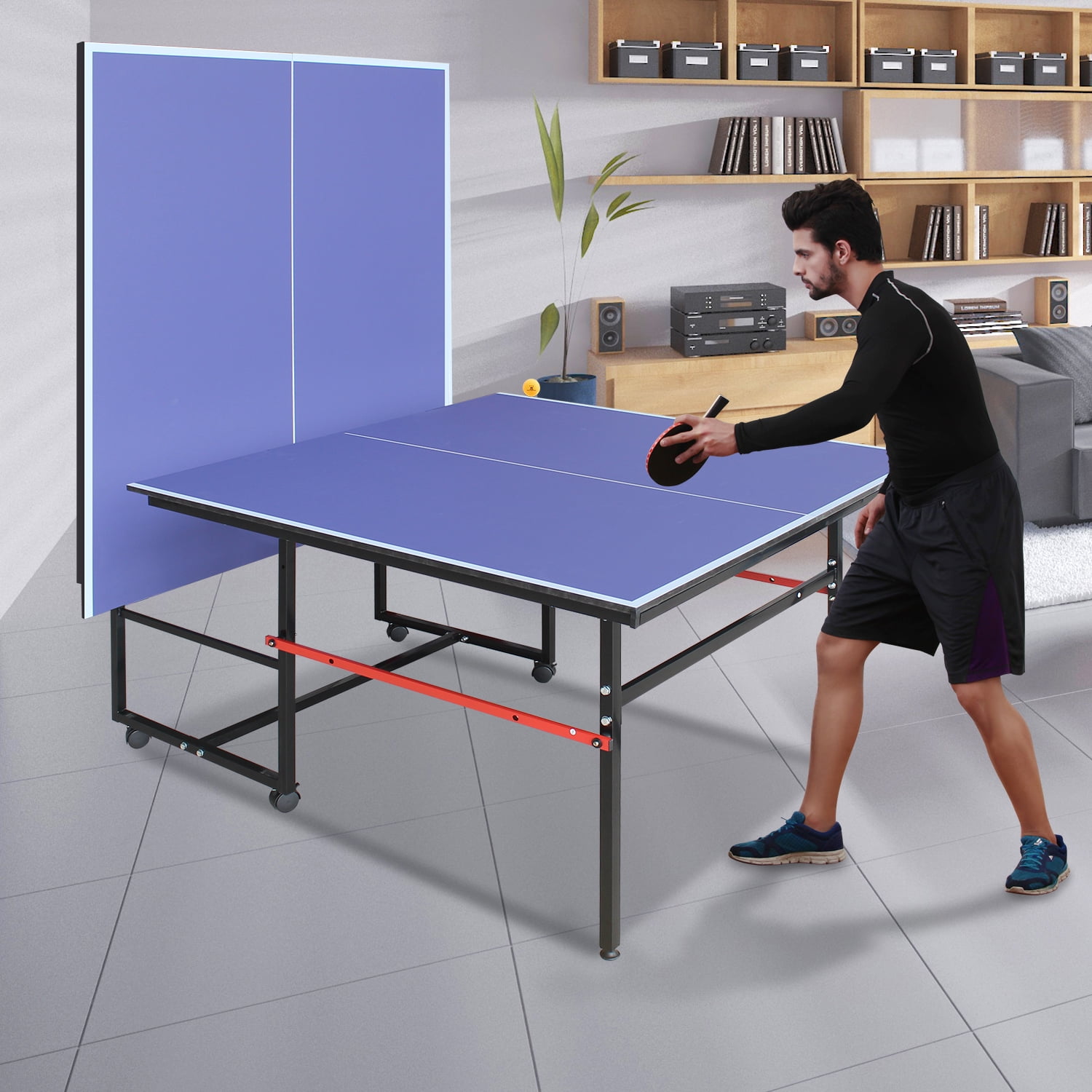 Mid-Size Table Tennis Table,8ft Foldable & Portable Ping Pong Table Set for Indoor Games with Net, 2 Table Tennis Paddles and 3 Balls,Blue