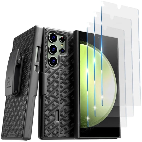 Rome Tech Samsung Galaxy S24 Ultra Case with Belt Clip - Black   3-Pack Glass Screen Protector