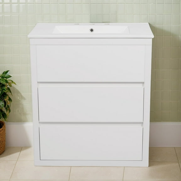 30" Bathroom Vanity with Ceramic Sink, Bathroom Cabinet with 2 Full-Extension Drawers, Soft Close Undermount Drawer Slides, White