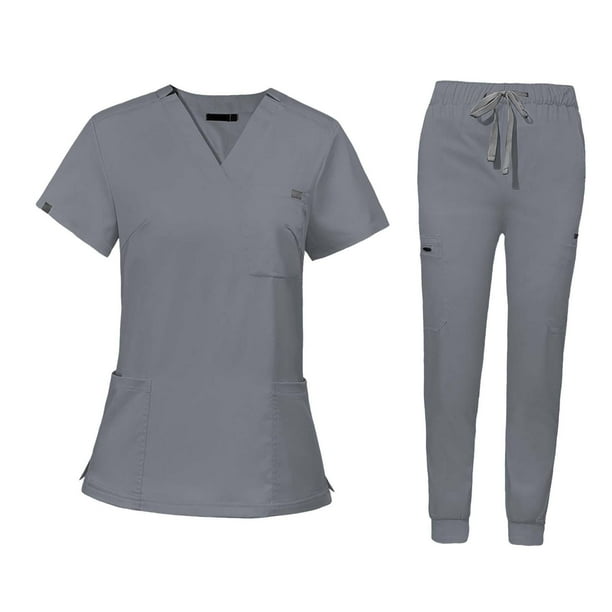 Conjunto de uniforme quirúrgico, top y pantalón de enfermera, traje moderno, ropa de trabajo, manga corta para Gris