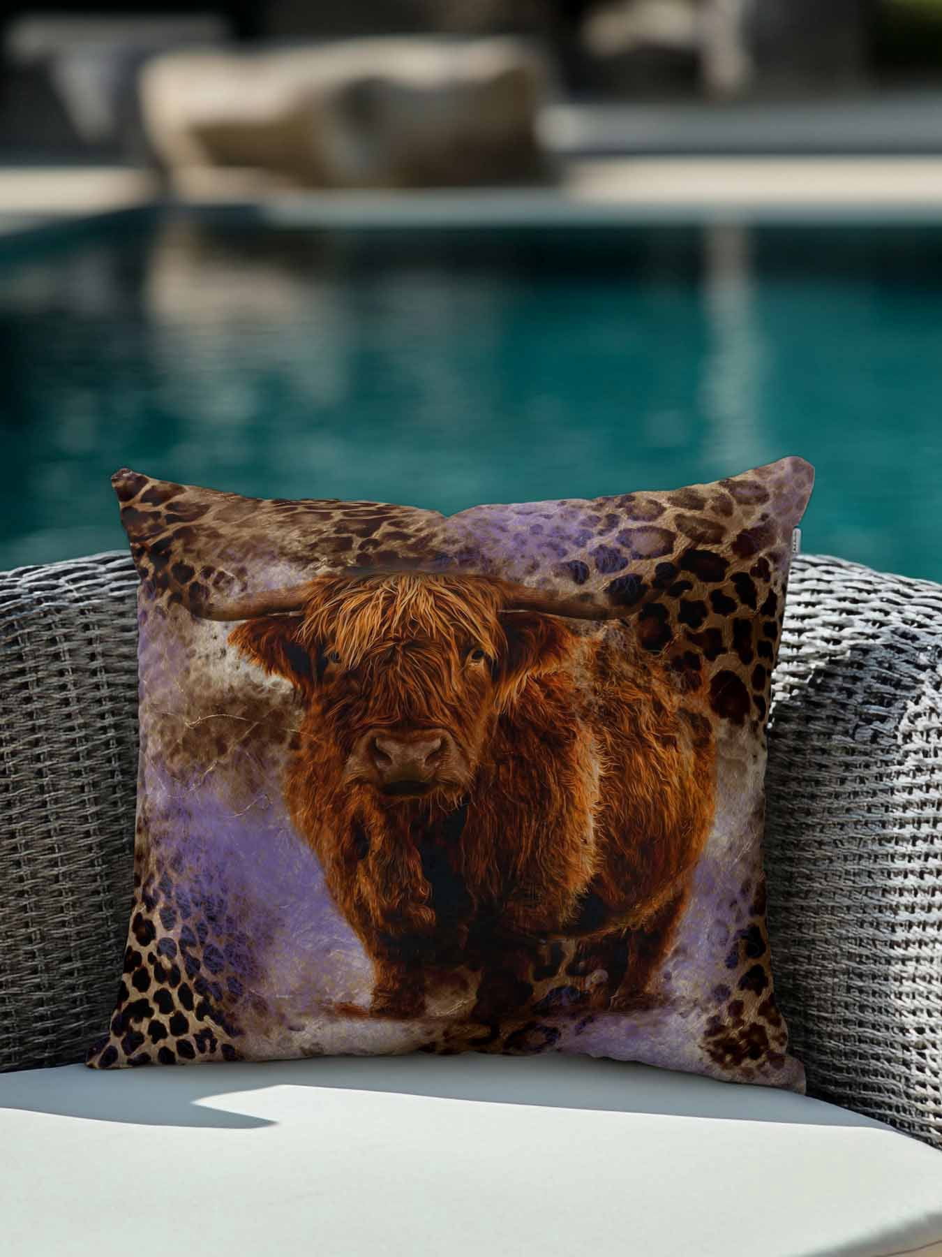 1 Pack Outdoor Throw Pillow, Purple Cow Leopard Waterproof Pillow with Insert Included, Aesthetic Vintage Animals Farmhouse Decorative Accent Cushion Sofa Pillows for Patio Porch, 18 x 18 In